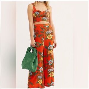 Free People Orange and Green Jumpsuit Vibrant Floral Design